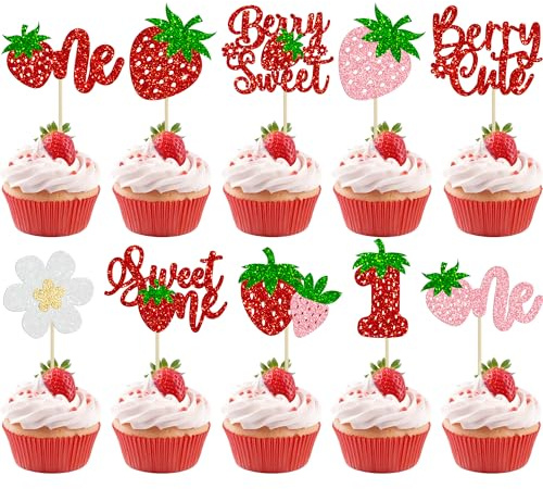 Ephlyn 30Pcs Sweet One Strawberry Cupcake Toppers Glitter Sweet Berry 1st Birthday Cupcake Picks Strawberry Birthday Cake Decorations for Baby Shower Kids First Birthday Party Supplies Red Pink