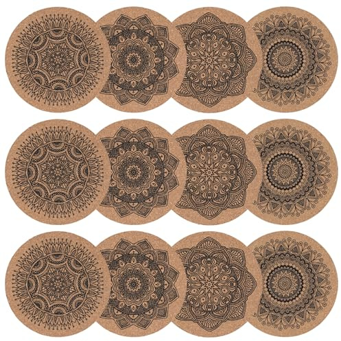 Drink Coasters Set of 12, Table Drinks Coasters, Cork Coaster Set, Mandala Heat-Resistant Cork Coaster Set for Home Coffee Table Decor Desk Tabletop Protection Beer Mats(Mandala)