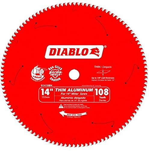 Diablo Sägeblatt für dünnes Aluminiumschneiden – 35,6 cm Durchmesser, 108 TCG-Zähne, 2,5 cm Dorn, 0,91 cm Schnittfuge, -5 Hakenwinkel, 0,99 cm Platte, 5000 max. Drehzahl – D14108N