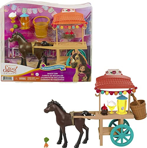 Dreamworks Spirit GXF69 - Spirit - frei und ungezähmt Miradero Festivalstand mit rollenden Rädern, Überdachung, 12,7 cm großem Pony und passendem Zubehör, tolles Geschenk für Kinder ab 3 Jahren