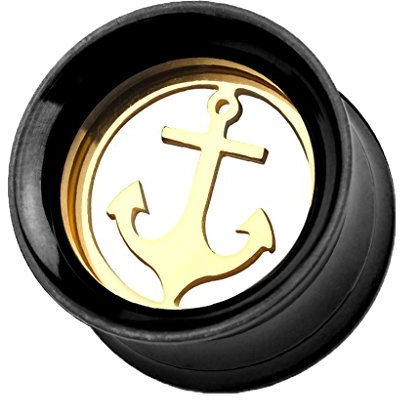 Taffstyle Ohr Plug Flesh Tunnel Piercing Ohrpiercing Double Flared mit Anker Schwarz Gold Vergoldet 25mm