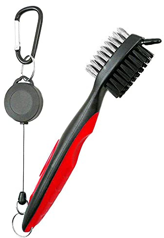 ANCLLO Golfbürste mit Rillenreiniger, Nylon & Stahl, tragbares Golf-Reinigungswerkzeug mit verstellbarem Aluminium-Karabiner zum Aufhängen an der Golftasche, leicht, ergonomisches Design(Rot)