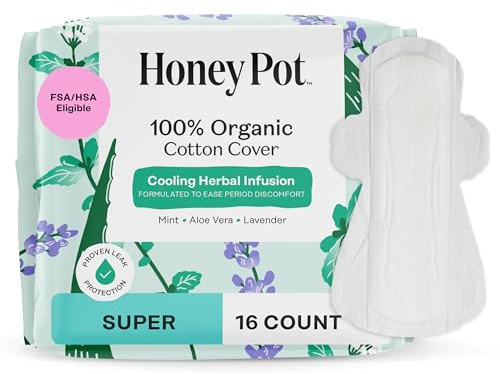 The Honey Pot Company - Herbal Pads for Women - Super w/Wings - Infused w/Essential Oils for Cooling Effect, Organic Cotton Cover, & Ultra-Absorbent Pulp Core - Feminine Care - 16 ct