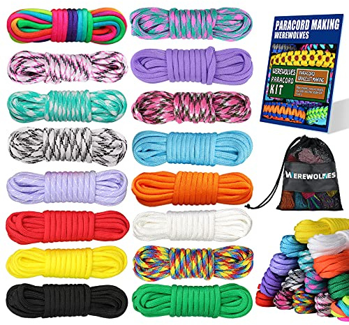 WEREWOLVES 16 Colors Paracord Cord, 550 Paracord Bracelet Crafting Combo Kits with Instruction - Multifunction Paracord Ropes, 10 Feet Each Parachute Cord for DIY Manual Braiding Supplies