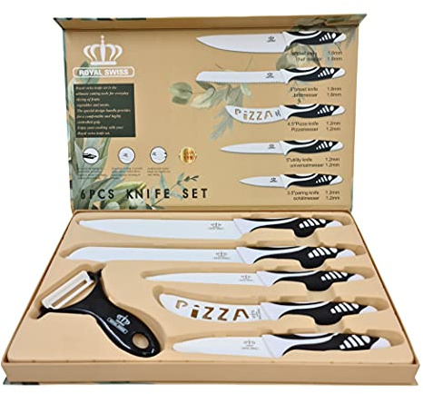 Royal Swiss Juego set de cuchillos de cocina, conjunto de cuchillos profesionales, 5 cuchillos de acero inoxidable y 1 cuchillo pelador de verduras, en diversos colores (Plata/Blanco)