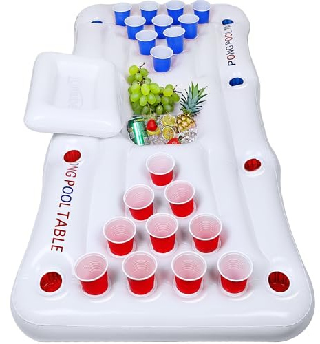 Triumpeek Inflatable Pool Game Table Float with Cooler, 6FT Floating Water Activity Center, Multi-Use Pool Lounge for Social Gatherings & Family Fun (Cups & Balls Not Included)