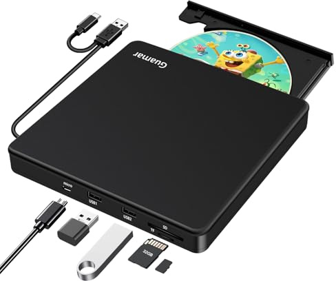 Guamar External DVD Drive for PC: Portable USB-C CD Burner DVD Player for Laptop Mac MacBook Windows 11 with SD TF Slot 2 USB Ports Plug & Play Black