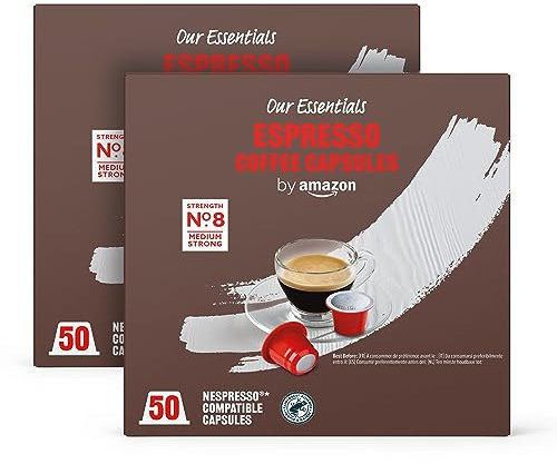 by Amazon Capsules de Café Espresso en Plastique Compatibles Nespresso, Torréfaction Moyenne, 100 Unités (2 Paquets de 50) – Certifiées Rainforest Alliance