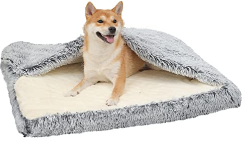 Dog Bed with Cover Cave, Orthopedic Dog Bed with Blanket, 33.5 * 27.6'' Rectangle Pet Crate Cozy Cuddler Mat, Anti-Anxiety Memory Foam Calming Pad for Puppy Cat with Removable Washable Cover