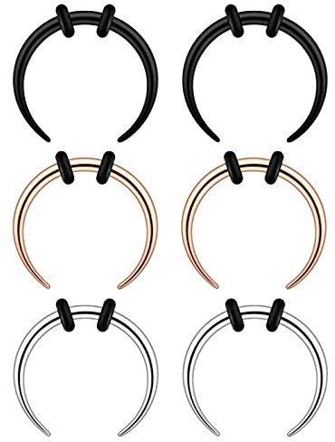 Longbeauty 16G 6PC Pincher Septum Rings C Shape Buffalo Stainless Steel Horseshoes Nose Ring Taper Kit Septum Piercing Jewelry with O-Rings for Women Men Diameter 10mm