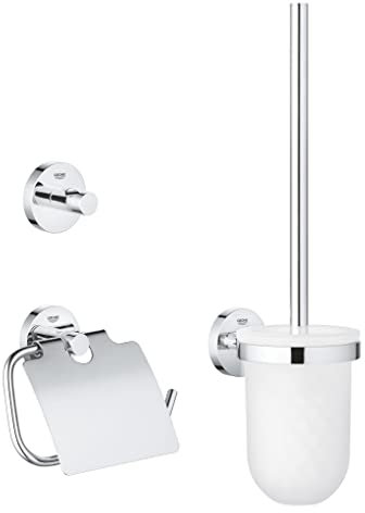 GROHE Start Set d'Accessoires 3-in-1 (Patère Murale, Dérouleur Papier Mural et Porte-balai WC), A coller avec GROHE QuickGlue ou à visser, Chromé, 41204000