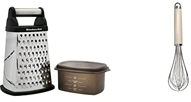 KitchenAid Vierkantreibe, 4-seitige Käsereibe aus Edelstahl mit Hobel, Reibe und Zesteur & Schneebesen, manueller Schaumschläger aus Edelstahl – Almond Creme