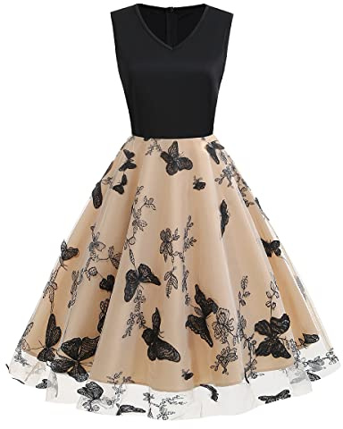 IWEMEK 1950 Dresses for Women Vintage Rockabilly Swing Butterfly Floral Tea Dress Sleeveless V-Neck A-line 50s 60s Pinup Audrey Hepburn Style Wedding Party Prom Cocktail Dress Beige Butterfly S