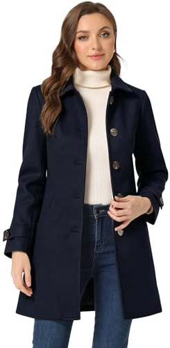 Allegra K Women's Winter Outerwear Overcoat Peter Pan Collar Mid-thigh A-line Single Breasted Pea Coat, Navy Blue, M