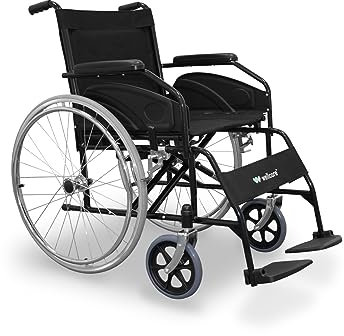Carrozzina pieghevole da trasferimento WELLCORE, Telaio in acciaio, Leggera e compatta, Ruote piene, Freni azionati dalla maniglia, Schienale pieghevole, Larghezza seduta 46 cm, Fino a 100 kg