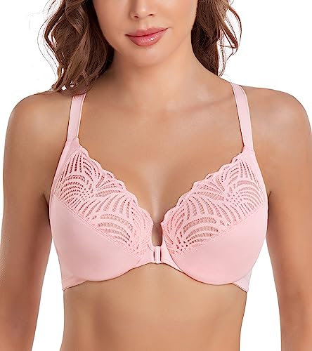 DotVol Women's Front Closure Underwire T-Back Full Figure Plus Size Unlined Seamless Bra(Pink,44C)