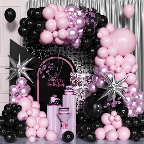 Kit Arco Globos Rosa y Negro, 120 Piezas 5 10 12 18 Pulgadas Guirnalda Látex Metálico Con Globo Plateado para Niñas Mujeres Fiesta Cumpleaños Aniversario Decoración Boda