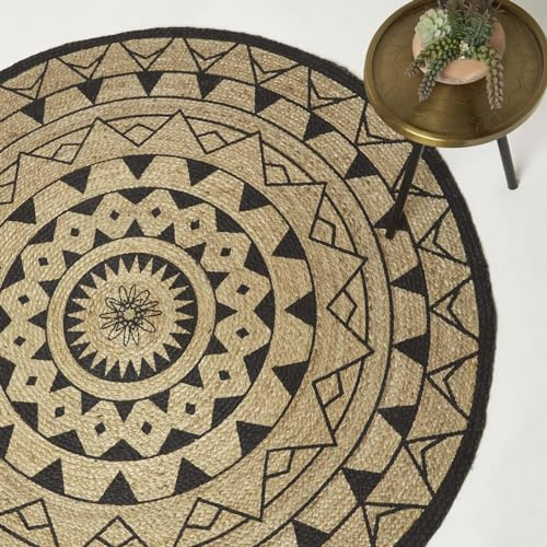 HOMESCAPES Natural & Black Handwoven 100% Jute Rug 150 cm Round Geometric Rug for Living Room and Bedroom