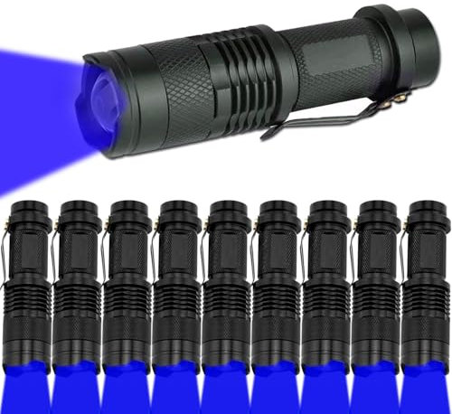 MODOAO Lot de 10 lampes de poche LED à lumière bleue, zoomables et étanches, mise au point réglable, 3 modes d'éclairage pour le camping, la pêche de nuit, la chasse, la randonnée, l'astronomie, les