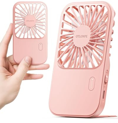 Otlonpe Miniventilador portátil recargable, pequeño ventilador portátil de mano alimentado por batería para viajes de escritorio de mano, soporte plegable, delgado inalámbrico, correa de muñeca, 3