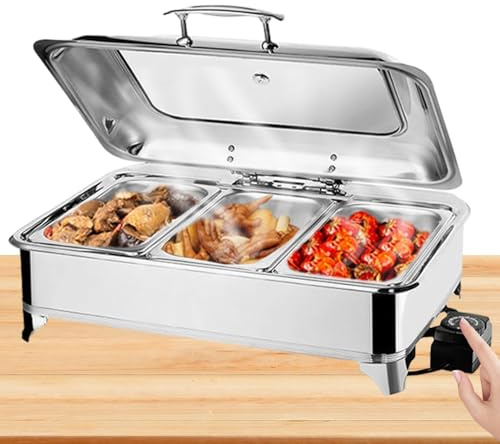 BOVDC Chafing Dish Electrico, 9L Calentador de Comida Electrico para Buffet Acero Inoxidable, Chafing Dish Buffet Temperatura Regulable con Tapa Visible(A, 1/3 Pan)