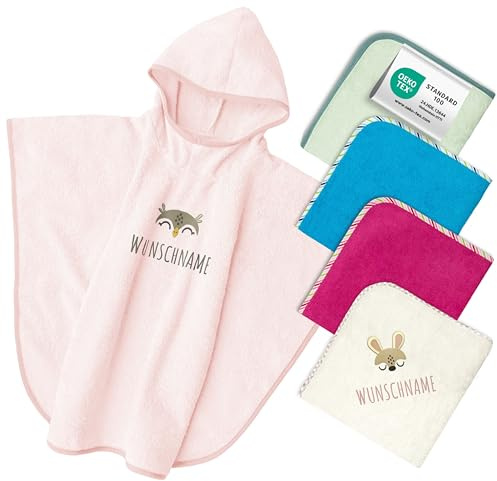 my STITCHERY Poncho da bagno per bambini con nome ricamato, Oeko-TEX® Standard 100 - Asciugamano con cappuccio personalizzato in pura cotone con nome e motivo ricamati (Rosa)