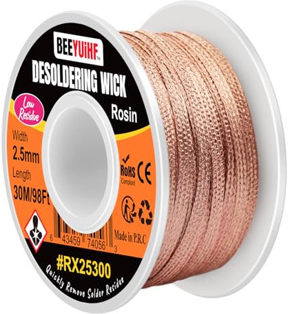 BEEYUIHF Tresses à Dessouder, 30 m de long Tresse de Dessoudage, Trèsse fil à Souder Wick avec flux, pour enlever la soudure et démonter les composants électriques (2.5mm 30 m)
