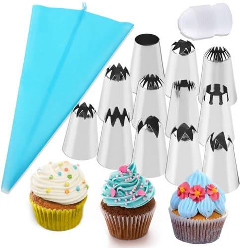 12PCS Large Piping Tips Set, Stainless Steel frosting tips with Reusable Pastry Bag, Cake Decorating Tips Set for DIY Pastry Dough, Cookie, Cupcake, Cake