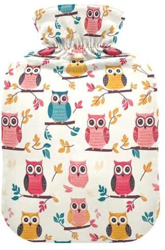 Wärmflasche mit niedlichem buntem Eulen-Motiv, weich, warm, für Winter, Bett, Hand, Hals und Schultern, 2 l
