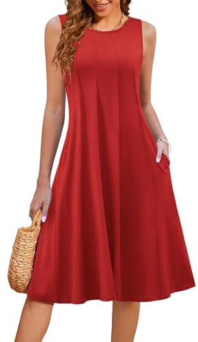 Hotouch sommarklänning dam elegant rund hals midiklänning ärmlös A-linje blommig klänning casual jerseyklänning veckad strandklänning med fickor S–XXL, röd, L