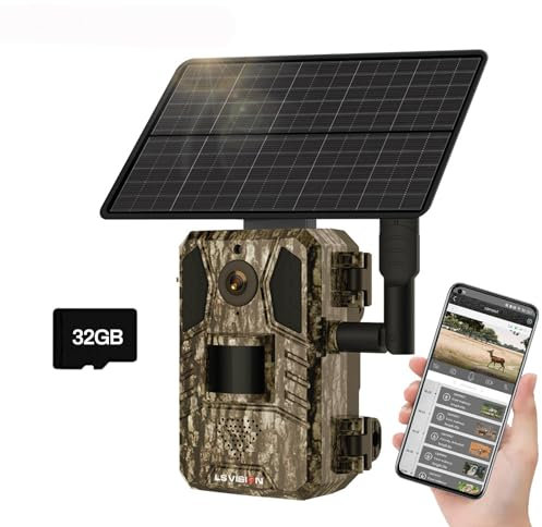 4G LTE Solar Wildkamera, 4MP 15fps Solar Wildtierkamera mit Handyübertragung App,PIR Bewegungsmelder, 90°Erfassungs Winkel Bewegungsmelder IP66 Wasserdicht für Wildtierbeobachtung (Wildkamera+32G)
