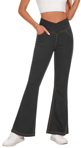 Desol Pantalon jean femme taille haute V Cross, pantalon bootcut taille haute femme jean stretch avec 4 poches, jean flare, pour fête, loisirs, sport, Noir , XXL