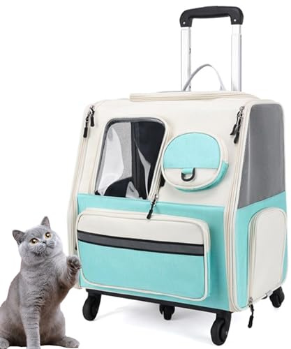 PJDDP 2IN1 Rucksack Trolley, Klappbarer Haustiertrage-Rucksack, Katzenrucksack Reisetasche Mit Rollen, Atmungsaktive Haustier-Reisetrage Für Katzen Und Welpen,Grün