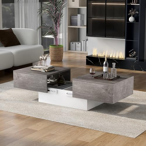 Merax Couchtisch mit 2 Stauraum, Moderner Wohnzimmertisch Ausziehbar, Hochglanz-Finish, Rechteckiger Aufbewahrung Kaffeetisch, Sofatisch Mitteltisch für Wohnzimmer Büro, Grau, 102x60x40cm