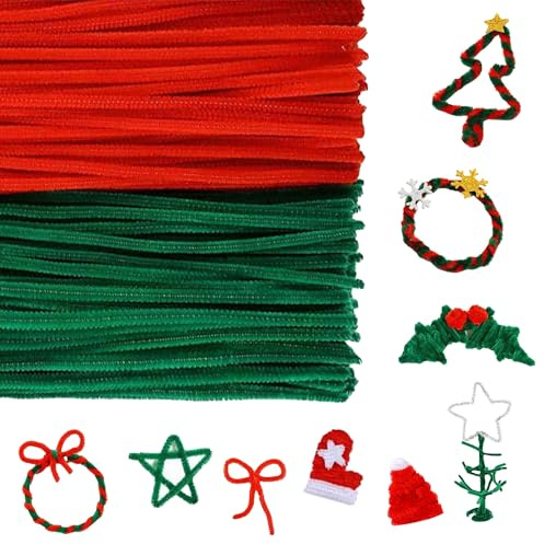 VntMQP Chenille-Faden-Set, Pfeifenreiniger-Set, bunt, zum Basteln, 30 cm x 6 mm Pfeifenreiniger, geeignet für Blumen, kleine Tiere, Halloween, Weihnachten DIY-Kunstwerke (Grün Rot)