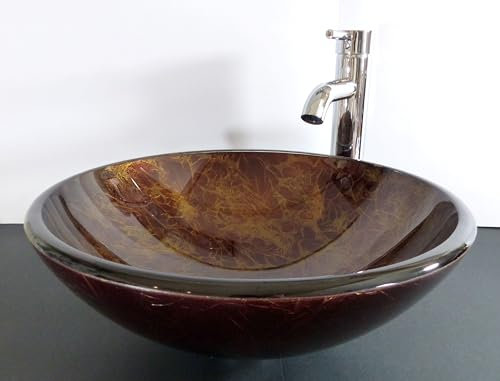 Nero Aufsatz Glas Waschbecken braun Premium 15mm Antik Gold rund 42cm Klarglas Aufsatzwaschbecken