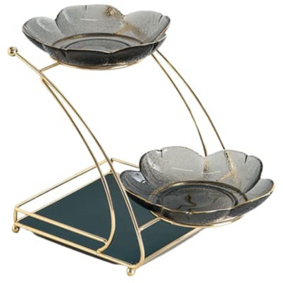 Moderner Glas-Kuchenständer, Etagere, Servierplatte, Cupcake-Tablett mit goldfarbenem Metallgestell, 2 Etagen, hellgrauer Displayhalter für Heimdekoration und Lebensmittel-Servierer