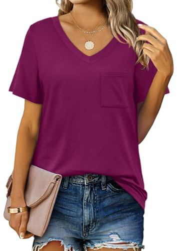 Suncife Maglietta estiva da donna, casual, a maniche corte, con scollo a V, con tasca