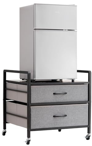 VEVOR Mini Fridge Stand with Storage, 176 lb-Capacity Mini Fridge Table with 2 Drawers & 4 Swivel Wheels, Mobile Mini Fridge Shelf, Gray Mini Fridge Organizer for Dorm, Apartment, Office, Bedroom
