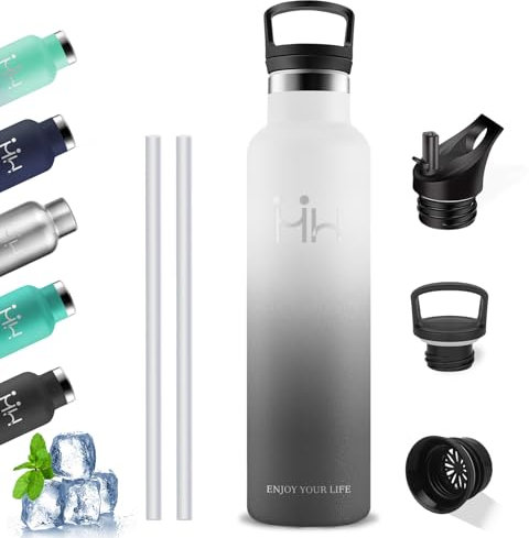 Gourde Isotherme 1l, gourde Sans BPA, avec Paille, Anti Fuite, Inox, Acier Inoxydable 18/8, Gourde Reutilisable, Double Isolation, Bouteille Isotherme pour Sportif, Randonnée, Camping