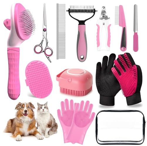 Produkte für Pflege 13tlg für Hunde & Katzen, Krallenschneider mit Feile, Entfilzungskamm, Badebürste & Shampoo-Scrubber inklusive Fellpflege-Zubehör