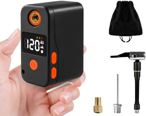 MOXYOY Mini Bike Pump with Gauge, Max 120 PSI Portable Electric Bicycle Air Pump, 1600 mAh Battery Bicycle Pump with Presta and Schrader Valve for Mountain Bike Basketball