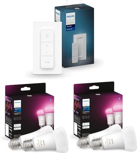 Philips Hue Erweiterungspaket – E27 – mit 4 Standardlampen – Weißes und Farbiges Licht – Inkl. 1 Hue Dimmschalter – Hue White and Color Ambiance Farben, smarte Lichtsteuerung über Sprache und App