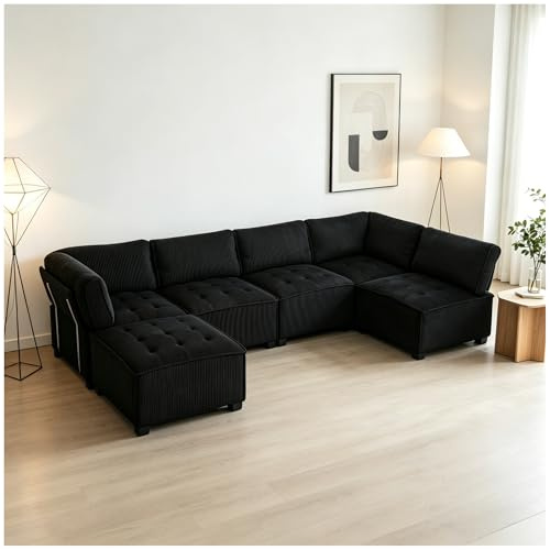 Wyibwy Divano angolare grande,308x154x82cm,sofa 6 posti,con tasche portaoggetti,combinabile in modo flessibile in divano a U,a L,divani a letto, divano componibile,modulare,velluto a coste,Nero