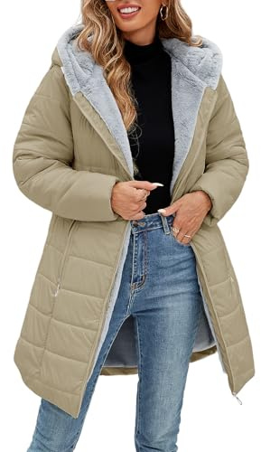 Yuson Girl Abrigo Parka Mujer Largo con Capucha Invierno Forro Polar Sherpa Chaqueta para Mujer Gruesa Abrigos de Piel Cremallera Cálido Jacket Resistente Agua Coat con Bolsillos(Caqui, M)