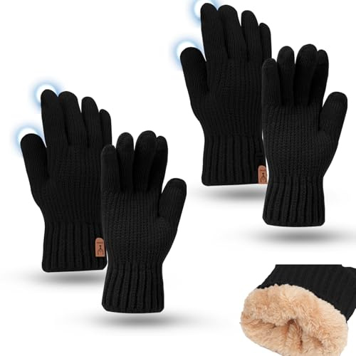 Mayoii 2PCS Winter Gloves for Men and Women,Thermal Knit Touchscreen Gloves with Fleece Lining,Womens Mens Glove Touchscreen for Running,Ski,and Cold Weather (Black+Black, One Size)