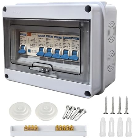 Sicherungskasten Aufputz, IP65 Wasserdichte Verteilerkasten mit Fi Schutzschalter, 5 Wege Leistungsschalter 63A für Zuhause/Büro, Luftschalter 2x6A+10A+20A+32A
