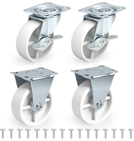 3-inch White Polyurethane casters (Set of 4), Including 2 Locking Swivel casters and 2 Fixed casters, Suitable for Furniture, carts, Wooden cabinets, and Metal Racks; mounting Screws Included.