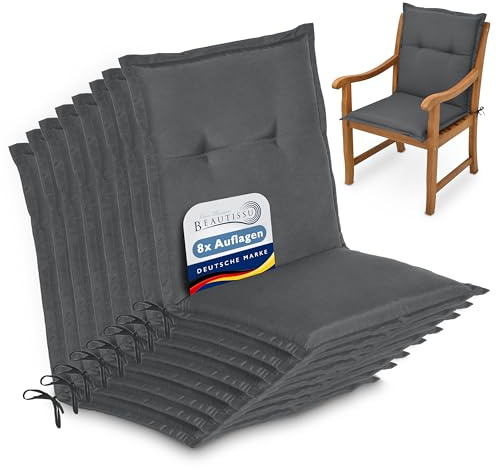Beautissu 8er Set Niedriglehner Auflage Gartenstuhl Sitzkissen Rückenkissen | 100x50x6cm Anthrazit Niederlehner niedrig Stuhlkissen Füllung Kissen Schaumkern Gartenstuhlkissen Sitzauflage Garten Loft NL