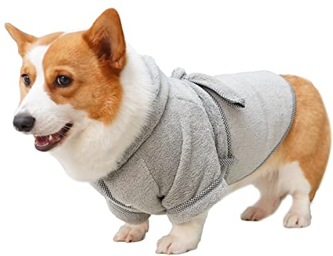 XIAO HUA Hunde-Bademantel, Mikrofaser, schnell trocknend, saugfähig, mit Kapuze, für Welpen, kleine, mittelgroße und große Hunde, Katzen (Größe L, Grau)